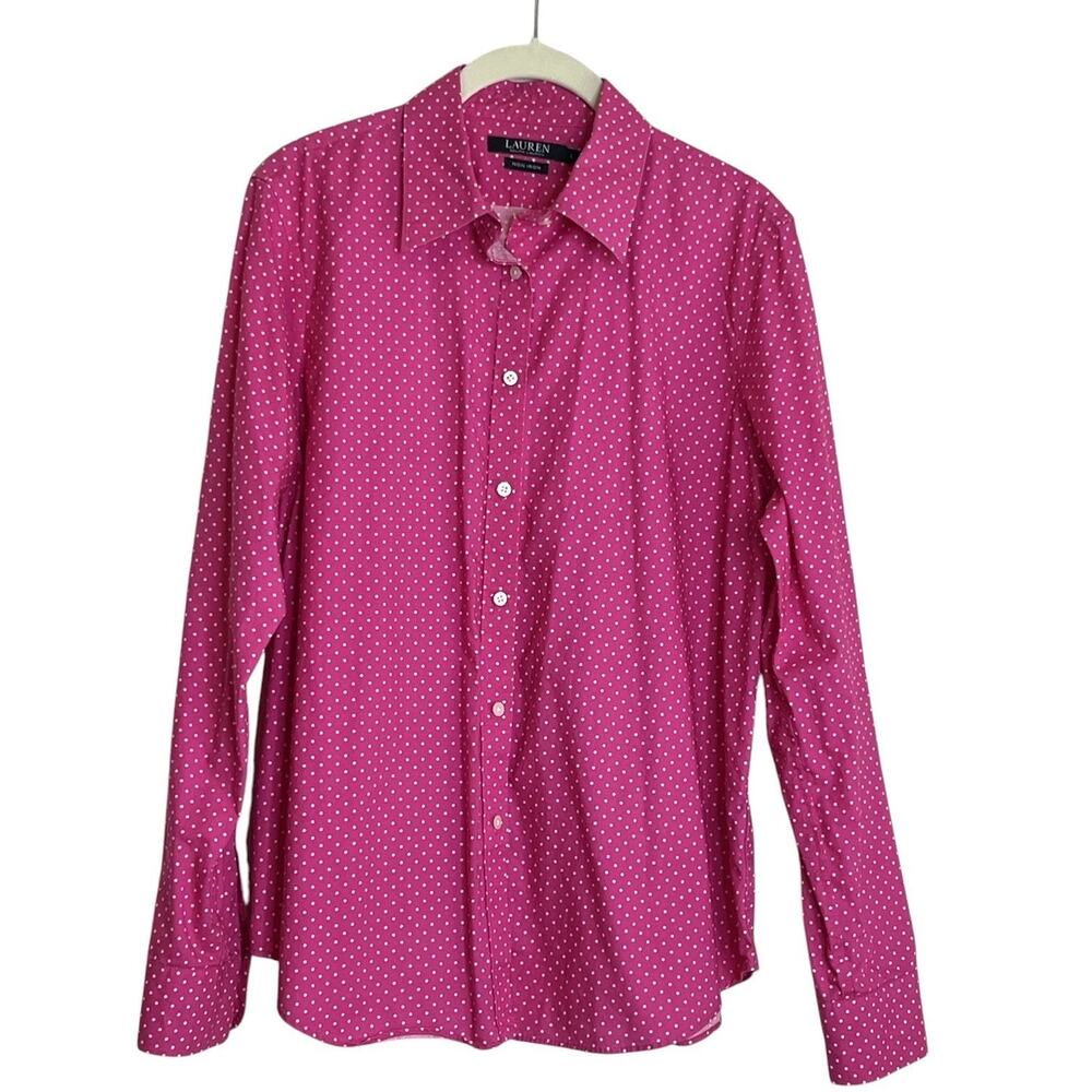 Lauren Ralph Lauren Pink Polka Dot Button Down Shirt Size Large Non-Iron